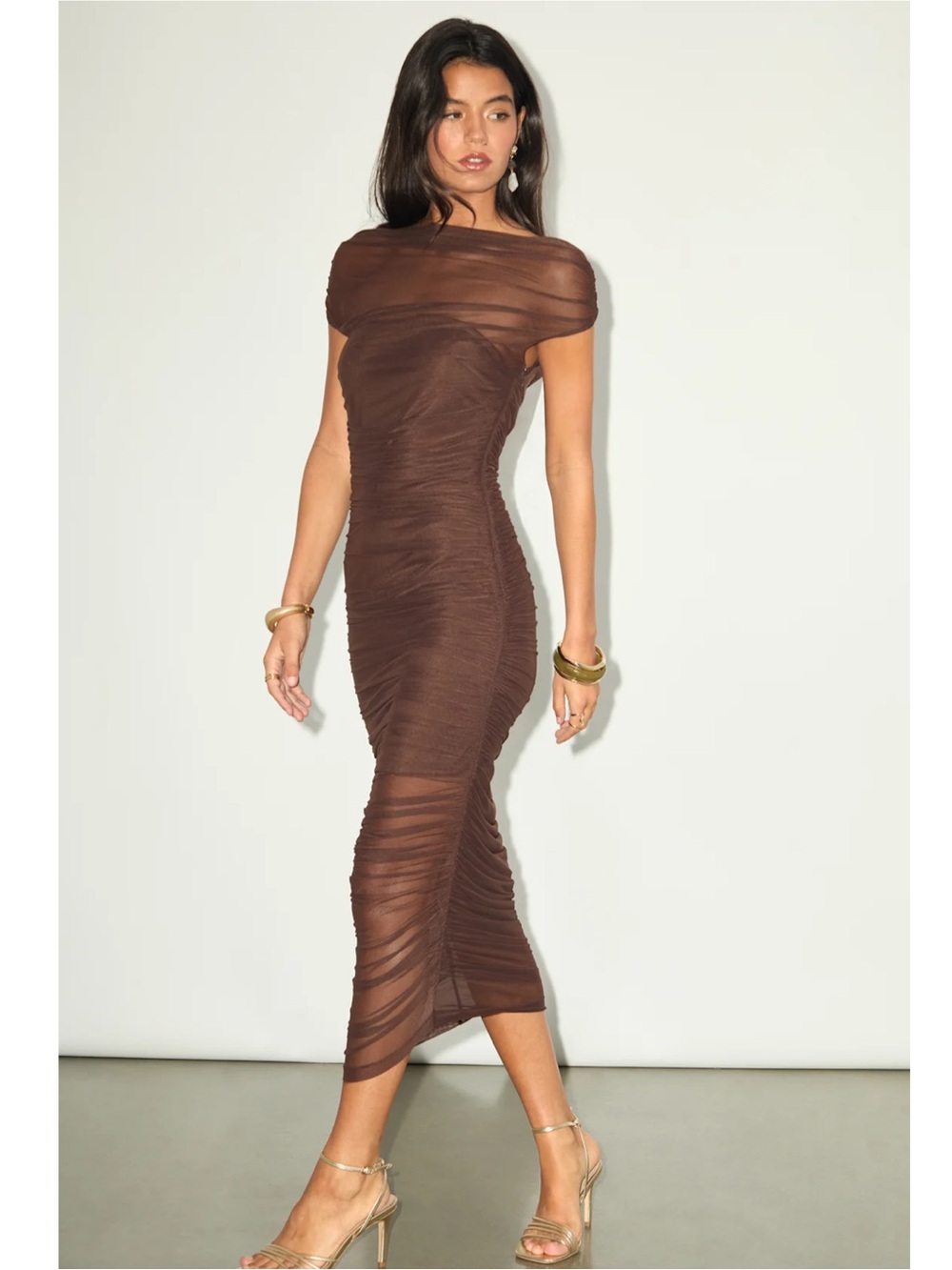Lulus Sunama Brown Mesh Ruched Bodycon Midi Dress Event Wedding Guest NWT XL